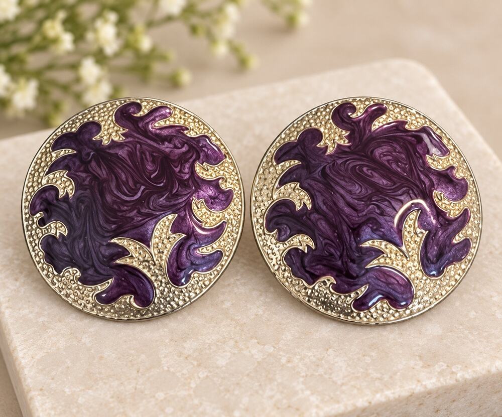 Vintage silver tone and purple large round statement earrings for pierced ears